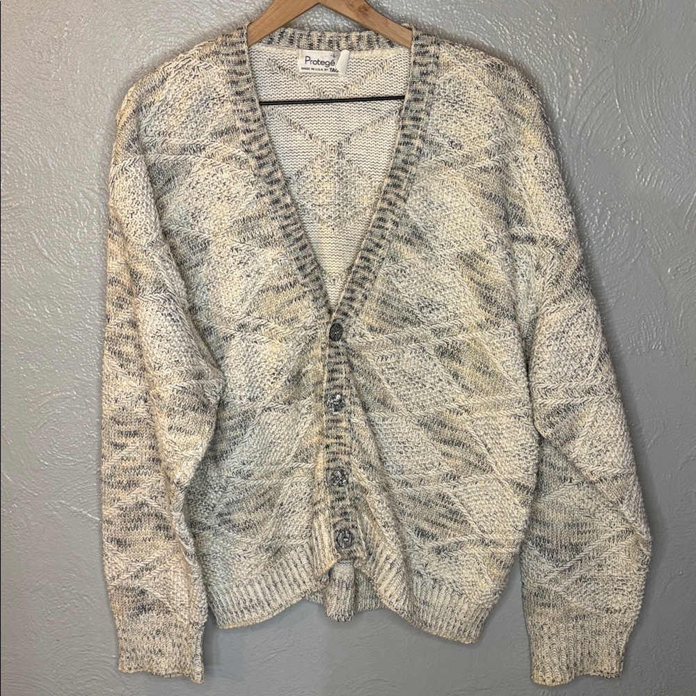 Vintage Protege Large US Made Textured Knit Cardigan Sweater Neutral 90s
